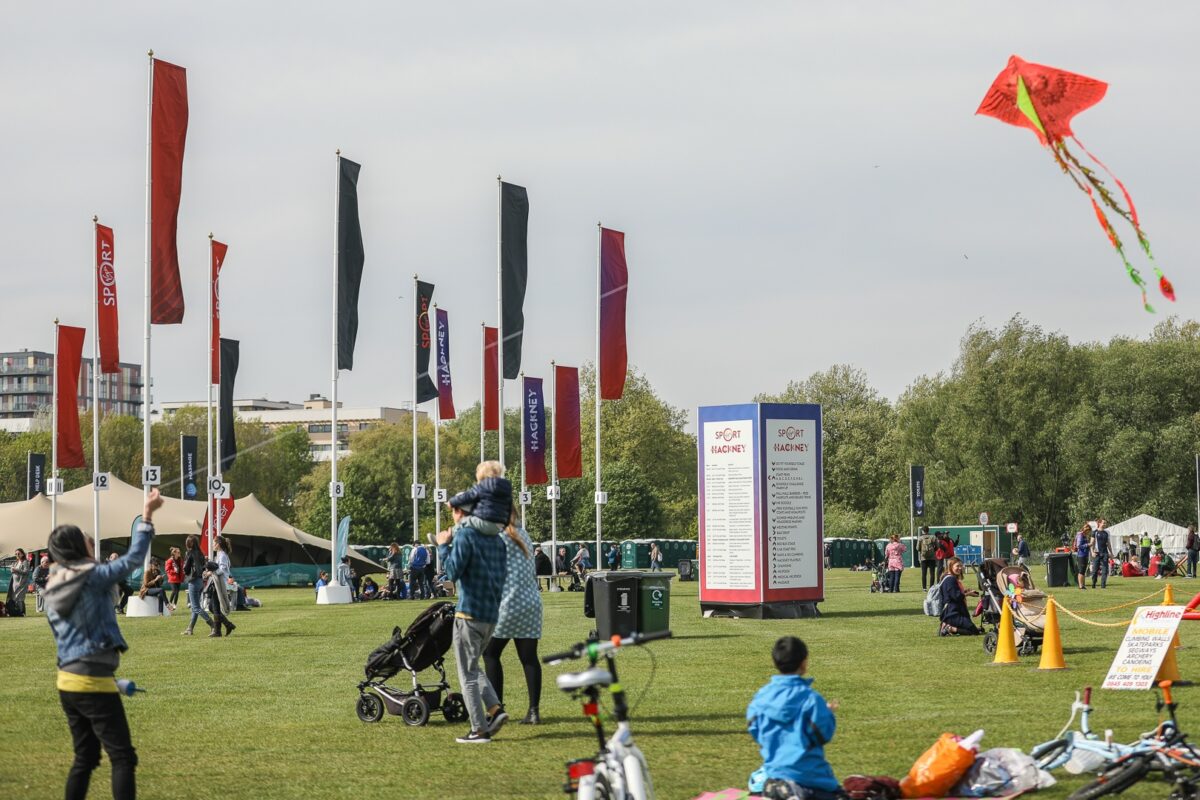 Flags on concrete bases at Hackney Half Marathon
