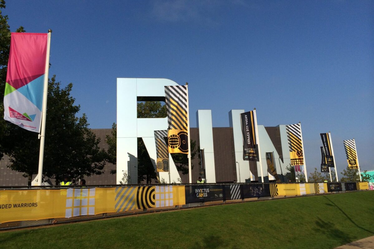 Flags on concrete bases at Invictus Games
