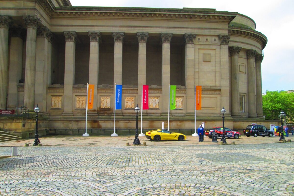 Flags on concrete bases for Liverpool city dressing