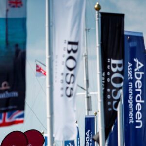 Flags on concrete bases at Americas Cup event