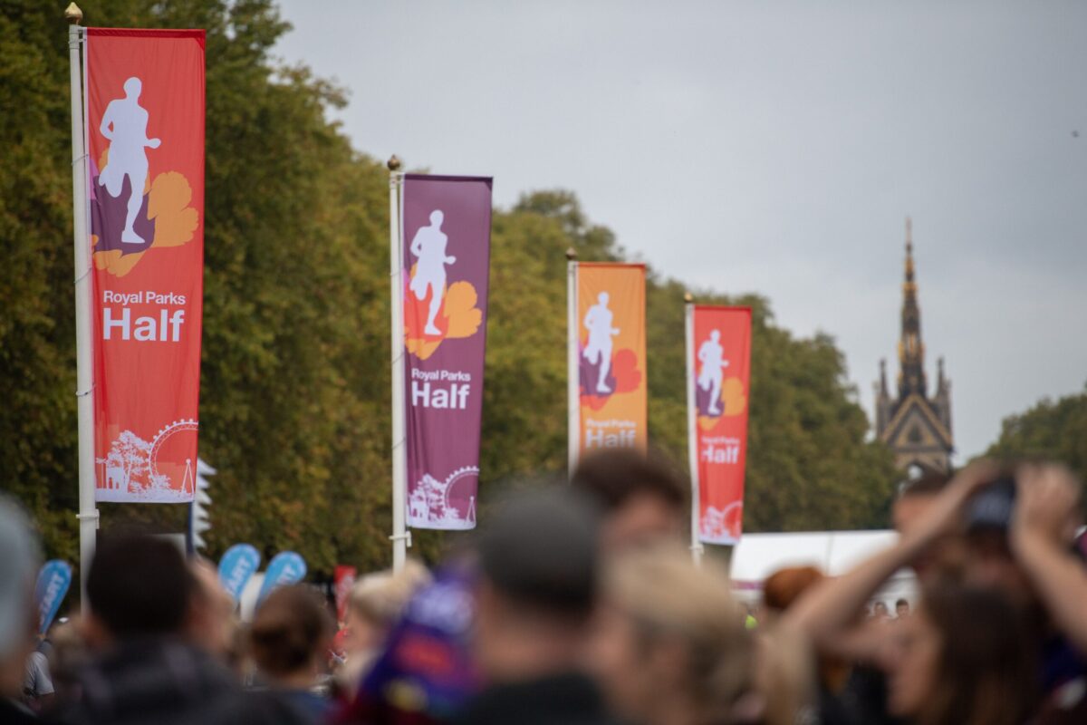 Flags on concrete bases at Royal Parks Half Marathon