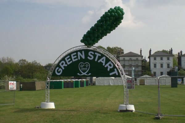 Truss welcome arch on concrete bases at the London Marathon