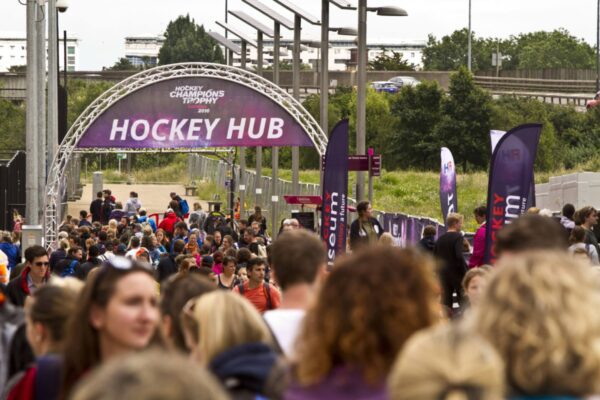 Truss welcome arch on concrete bases at the Hockey Champions Trophy Hockey Hub