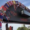 Truss welcome arch on concrete bases at the Hackney Half Marathon