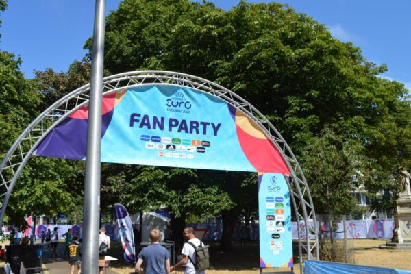 Truss welcome arch on concrete bases at the EURO 2020 fan party