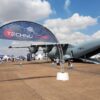 Truss welcome arch on concrete bases at airshow