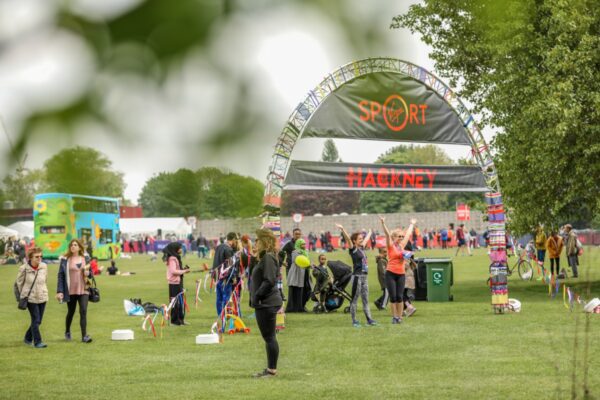 Truss welcome arch on ground darts at the Hackney Half Marathon