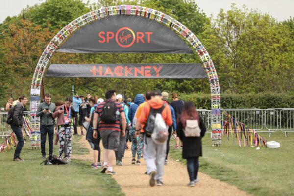 Truss welcome arch on ground darts at the Hackney Half Marathon