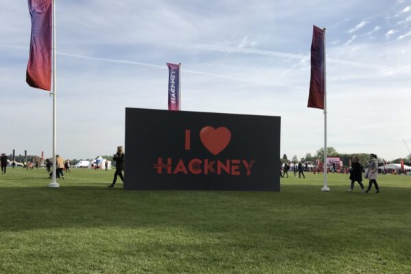 Large super-graphic photo backdrop at the Hackney Half Marathon