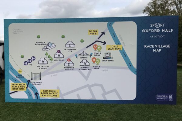 Large super-graphic wayfinding and photo backdrop at the Oxford Half Marathon